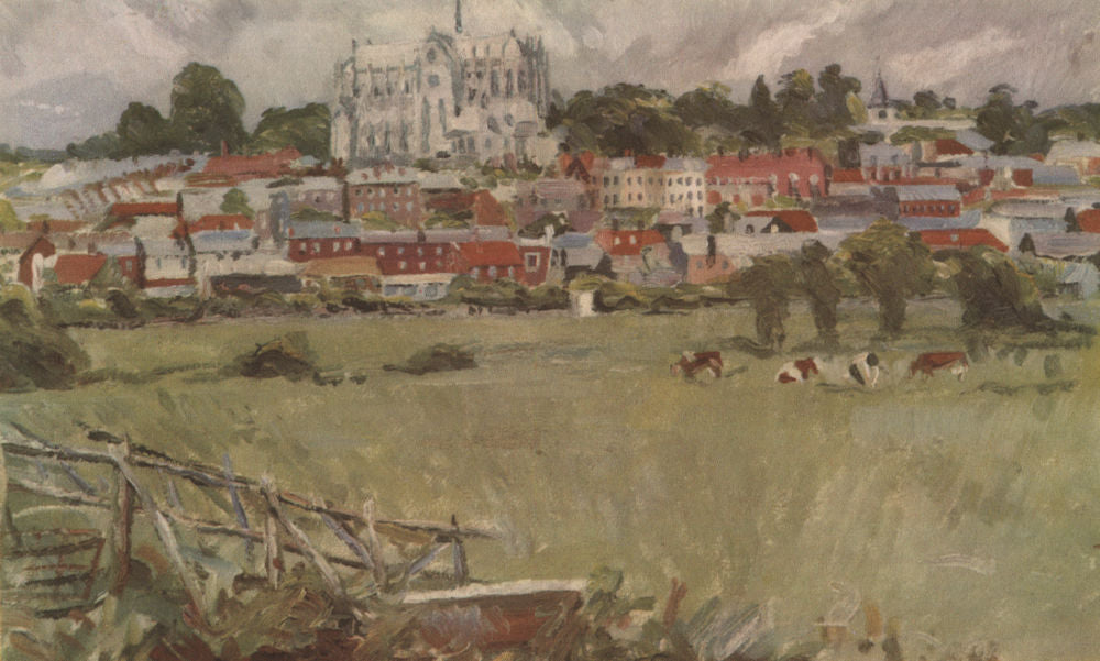 ARUNDEL. View of the town, by Oliver Hill, R. A. Sussex 1947 old vintage print